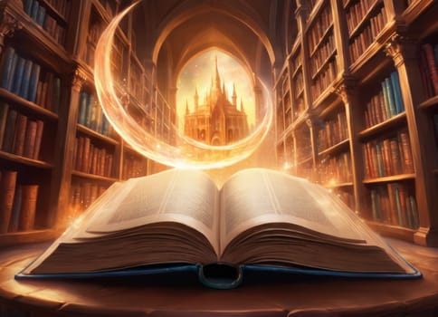An open enchanted book in a grand library radiates a magical glow. A mesmerizing orb of light reveals an intricate castle floating amidst the ethereal atmosphere. The image encapsulates the allure of untapped mystical worlds and ancient wisdom.