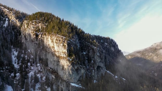 Aerial view of foggy winter pine forest in Low Tatras mountains of Slovakia. Breathtaking play of shadow and light on scenic high rocks with mysterious evergreen trees, panoramic above scenery