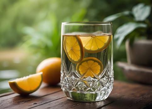 A refreshing glass of water with lemon slices, placed on a wooden surface. The backdrop is blurred but showcases greenery, suggesting an outdoor or garden setting. The image evokes a sense of freshness and hydration.