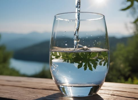 A serene and refreshing moment where water is being poured into a glass. The glass is placed on a wooden surface, and the background reveals a breathtaking view of lush green mountains under a clear sky.