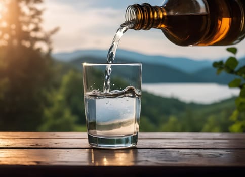 A serene and refreshing moment where water is being poured into a glass. The glass is placed on a wooden surface, and the background reveals a breathtaking view of lush green mountains under a clear sky.