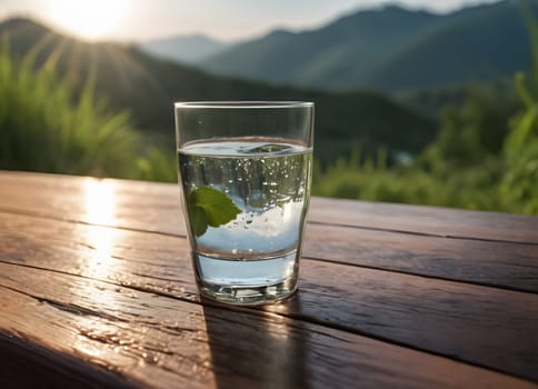 A serene and refreshing moment where water is being poured into a glass. The glass is placed on a wooden surface, and the background reveals a breathtaking view of lush green mountains under a clear sky.
