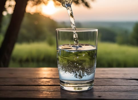 A serene and refreshing moment when water is poured into a glass. Glass placed on a wooden surface, pure nature in the background