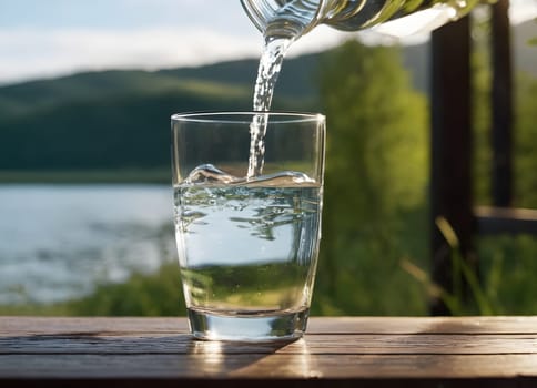 A serene and refreshing moment when water is poured into a glass. Glass placed on a wooden surface, pure nature in the background