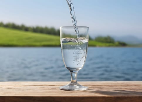 A serene and refreshing moment when water is poured into a glass. Glass placed on a wooden surface, pure nature in the background