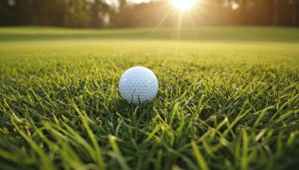 A close-up view of a white golf ball bathed in sunlight as it rests on the vibrant green grass of a well-maintained field. The sun casts a warm glow highlighting the texture of the ball and grass.