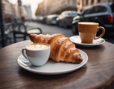 Croissant and cup of coffee on a table outside. Morning breakfast in a cozy European city