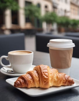 Croissant and cup of coffee on a table outside. Morning breakfast in a cozy European city