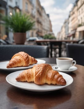 Croissant and cup of coffee on a table outside. Morning breakfast in a cozy European city