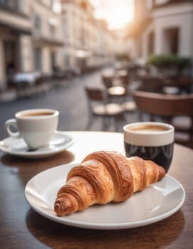 Croissant and cup of coffee on a table outside. Morning breakfast in a cozy European city