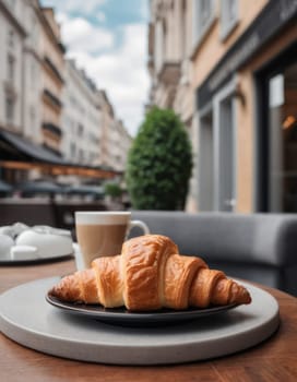 Croissant and cup of coffee on a table outside. Morning breakfast in a cozy European city