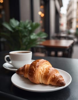 Croissant and cup of coffee on a table outside. Morning breakfast in a cozy European city