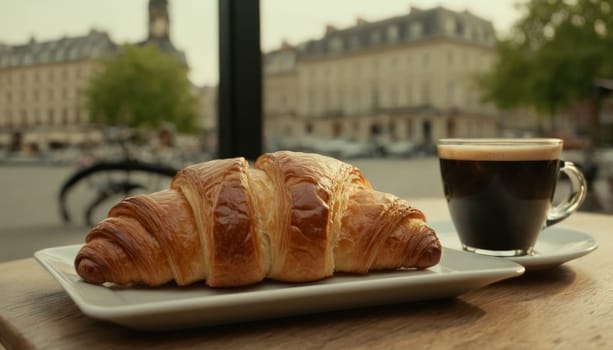 A fresh croissant and a cup of coffee elegantly placed on a wooden table with a beautiful city street view in the background. The warm morning light enhances the inviting atmosphere. Ideal for content related to food and travel.