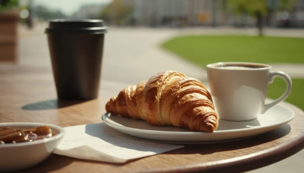 Croissant and cup of coffee on a table outside. Morning breakfast in a cozy European city