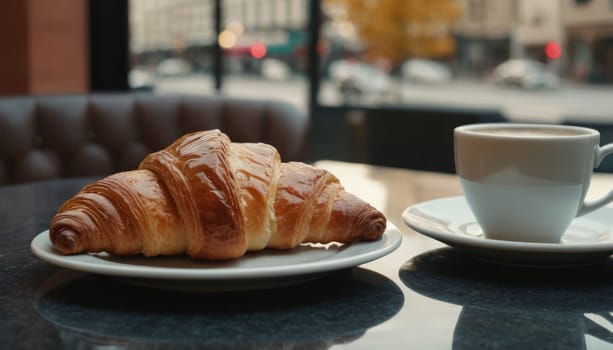 Croissant and cup of coffee on a table outside. Morning breakfast in a cozy European city