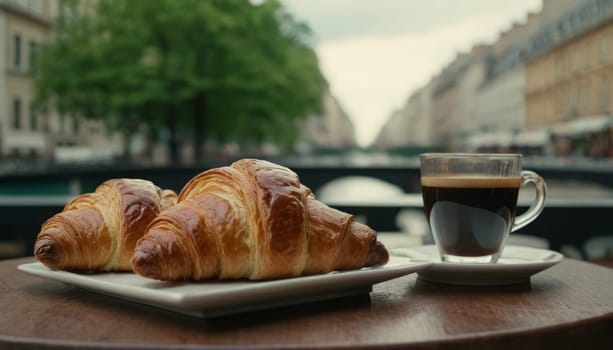 Croissant and cup of coffee on a table outside. Morning breakfast in a cozy European city