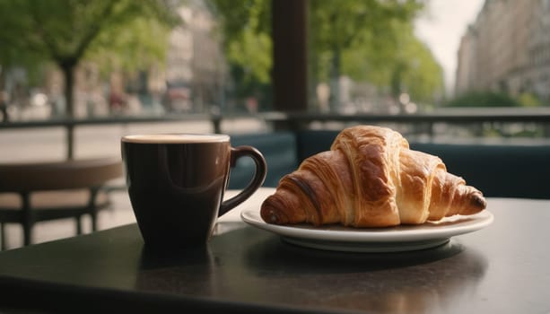 Croissant and cup of coffee on a table outside. Morning breakfast in a cozy European city