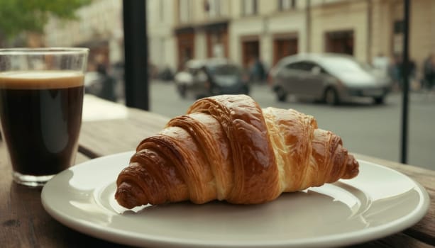 Croissant and cup of coffee on a table outside. Morning breakfast in a cozy European city