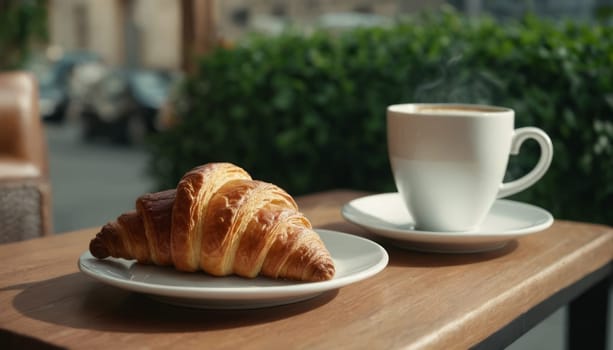 Croissant and cup of coffee on a table outside. Morning breakfast in a cozy European city