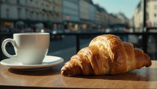 Croissant and cup of coffee on a table outside. Morning breakfast in a cozy European city