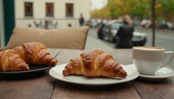 Croissant and cup of coffee on a table outside. Morning breakfast in a cozy European city