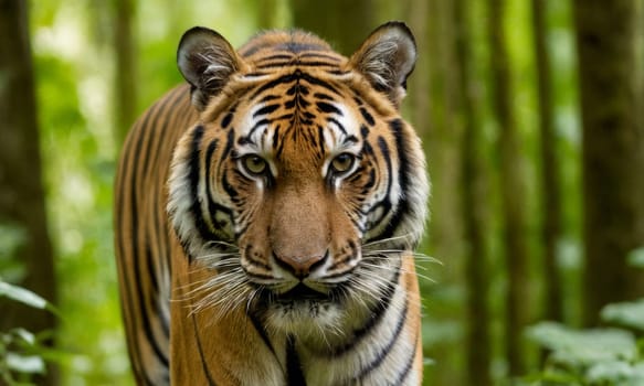 A powerful tiger with striking stripes roams majestically through a lush forest. The greenery accentuates the tiger s vibrant colors and marks a serene yet wild atmosphere. Ideal for wildlife enthusiasts and nature explorations.