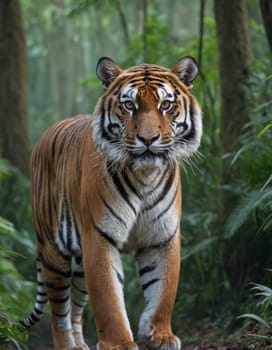 A powerful tiger with striking stripes roams majestically through a lush forest. The greenery accentuates the tiger s vibrant colors and marks a serene yet wild atmosphere. Ideal for wildlife enthusiasts and nature explorations.