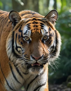 A powerful tiger with striking stripes roams majestically through a lush forest. The greenery accentuates the tiger s vibrant colors and marks a serene yet wild atmosphere. Ideal for wildlife enthusiasts and nature explorations.