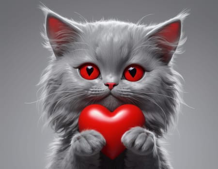 A grey cat with detailed fur texture and mesmerizing eyes holds a glossy, red heart-shaped object with intricate designs. The image portrays a tender and affectionate mood, with the plain grey background highlighting the subject.