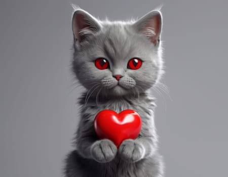 A grey cat with detailed fur texture and mesmerizing eyes holds a glossy, red heart-shaped object with intricate designs. The image portrays a tender and affectionate mood, with the plain grey background highlighting the subject.