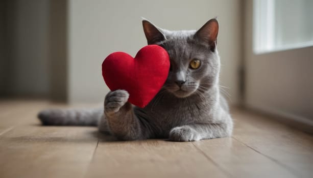 A grey cat with detailed fur texture and mesmerizing eyes holds a glossy, red heart-shaped object with intricate designs. The image portrays a tender and affectionate mood, with the plain grey background highlighting the subject.