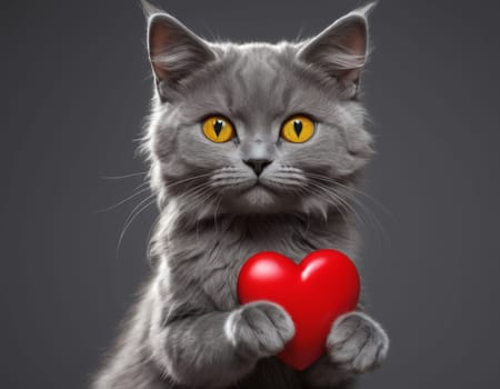 A grey cat with detailed fur texture and mesmerizing eyes holds a glossy, red heart-shaped object with intricate designs. The image portrays a tender and affectionate mood, with the plain grey background highlighting the subject.