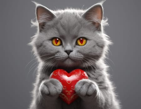 A grey cat with detailed fur texture and mesmerizing eyes holds a glossy, red heart-shaped object with intricate designs. The image portrays a tender and affectionate mood, with the plain grey background highlighting the subject.
