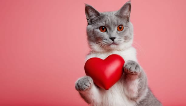 A grey cat with detailed fur texture and mesmerizing eyes holds a glossy, red heart-shaped object with intricate designs. The image portrays a tender and affectionate mood, with the plain grey background highlighting the subject.