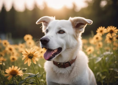 Dog with flowers in nature.