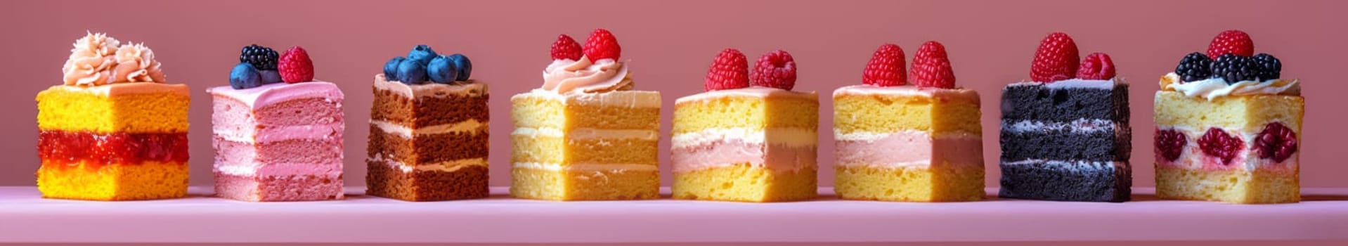 different pieces of cakes horizontally on a pink background in 8k