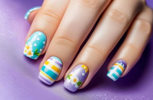 Woman's hand with Easter nail design. AI generated.