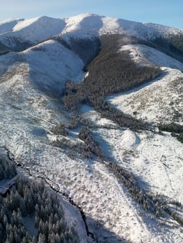 Aerial view of Low Tatras mountain landscape in Slovakia. Winter high scenery with white snowy slopes and frost forest, scenic nature view over rocks, snow and wild pine trees in sunny weather