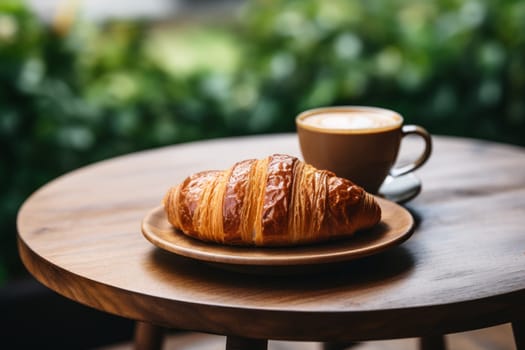 Croissant and cup of coffee on a table outside. Morning breakfast in a cozy European city