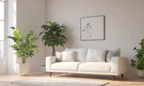 A bright and modern living room featuring a white sofa adorned with green cushions. The space is enhanced by various indoor plants and natural light pouring in through a large window. A perfect blend of comfort and contemporary style.