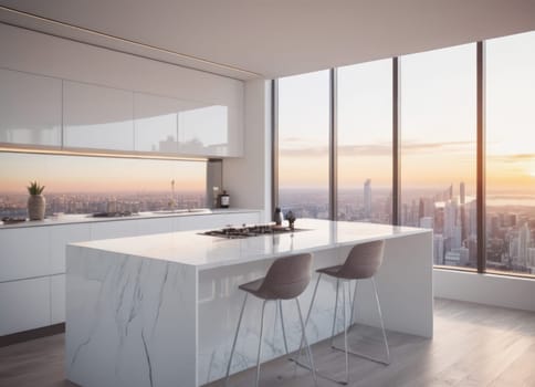 modern, elegant kitchen overlooking the city skyline. Clean white kitchen with modern design elements. Suitable for projects related to interior design, architecture or lifestyle.