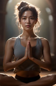 Asian beautiful woman sitting in lotus position, holding her palms together. warm and soft light, an atmosphere of calm and harmony.