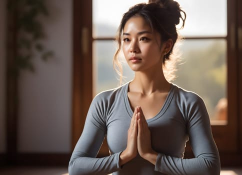Asian beautiful woman sitting in lotus position, holding her palms together. warm and soft light, an atmosphere of calm and harmony.