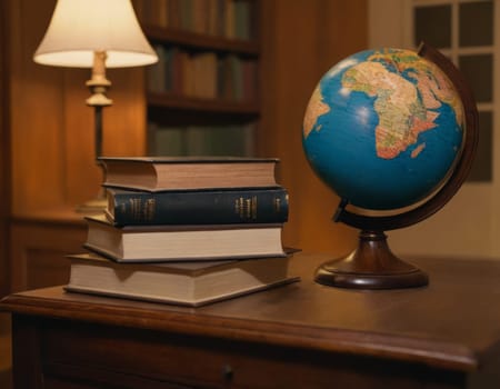 A serene setting featuring a collection of vintage books and a colorful globe. The image evokes a sense of quiet contemplation and the pursuit of knowledge. Ideal for themes related to reading and education.