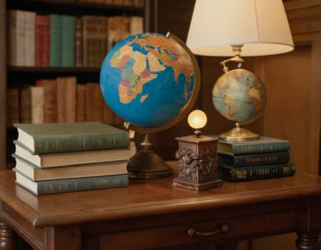 A serene setting featuring a collection of vintage books and a colorful globe. The image evokes a sense of quiet contemplation and the pursuit of knowledge. Ideal for themes related to reading and education.