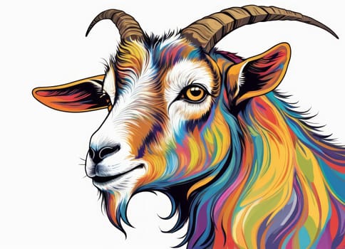 The image portrays a vibrantly colored illustration of a goat. The use of bright, contrasting colors and detailed shading gives the artwork a lively and captivating appearance.