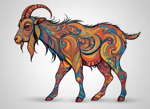 The image portrays a vibrantly colored illustration of a goat. The use of bright, contrasting colors and detailed shading gives the artwork a lively and captivating appearance.