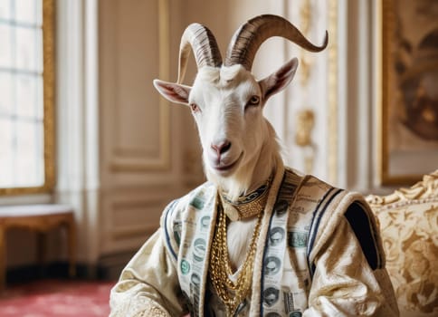 The image portrays a surreal and humorous scene of a goat dressed in luxurious clothing and accessories, posing inside a lavish palace. The image combines elements of realism and fantasy, creating a unique and artistic concept.