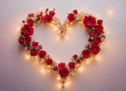 A heart-shaped arrangement adorned with red roses, small white flowers, and illuminated by twinkling lights. The arrangement is set against a soft, light background that accentuates the warm and romantic ambiance. The image symbolizes love and affection, making it an ideal decoration for romantic occasions like Valentine s Day or anniversaries
