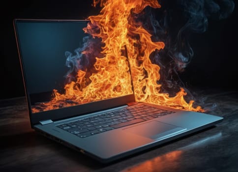 A dramatic image of a blue laptop engulfed in vivid orange and yellow flames, indicating a severe fire hazard or a metaphor for a disastrous situation.